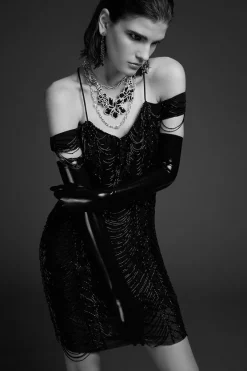 Brand new 😀 Karen Millen Draped Jet Beading Bardot Mini 👗 Dress 🤩