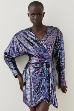 Best Sale 🌟 Karen Millen Sequin Drape Wrap Mini 👗 Dress 🔔
