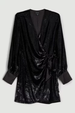 Cheapest ⭐ Karen Millen Slinky Velvet Sleeved Wrap Mini 👗 Dress ✨ -PARTY DRESSES Sales Store bkk06181 black xl 3