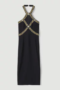 Best deal ⭐ Karen Millen Embellished Halter Figure Form Midi 👗 Dress 🎉 -PARTY DRESSES Sales Store bkk06325 black xl 4