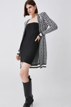 Best Sale 😍 Karen Millen Mono Military Trim Belted Jacquard Knit Cardigan 🎁 -PARTY DRESSES Sales Store bkk06338 mono xl 1