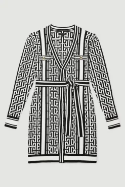 Best Sale 😍 Karen Millen Mono Military Trim Belted Jacquard Knit Cardigan 🎁 -PARTY DRESSES Sales Store bkk06338 mono xl 3