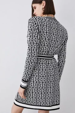 Best Sale 😍 Karen Millen Mono Military Trim Belted Jacquard Knit Cardigan 🎁 -PARTY DRESSES Sales Store bkk06338 mono xl 5