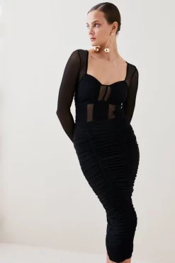 Best deal 🔔 Karen Millen Corset Detail Ruched Mesh Jersey Midi 👗 Dress 🤩