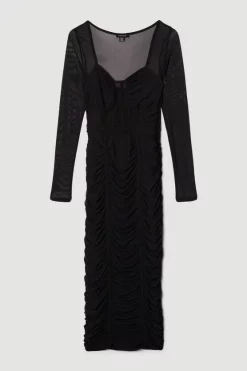 Best deal 🔔 Karen Millen Corset Detail Ruched Mesh Jersey Midi 👗 Dress 🤩 -PARTY DRESSES Sales Store bkk06353 black xl 3