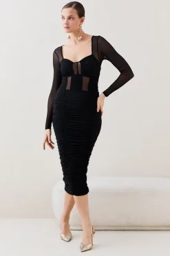 Best deal 🔔 Karen Millen Corset Detail Ruched Mesh Jersey Midi 👗 Dress 🤩 -PARTY DRESSES Sales Store bkk06353 black xl 5