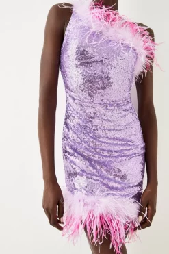 Best deal 🤩 Karen Millen Sequin And Feather One Shoulder Mini 👗 Dress ❤️ -PARTY DRESSES Sales Store bkk06382 pink xl 2