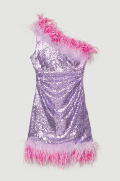 Best deal 🤩 Karen Millen Sequin And Feather One Shoulder Mini 👗 Dress ❤️ -PARTY DRESSES Sales Store bkk06382 pink xl 3