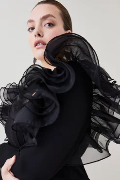 New 👏 Karen Millen Plus Size Organza Frill Jersey Mini 👗 Dress ⭐ -PARTY DRESSES Sales Store bkk06400 black xl 4
