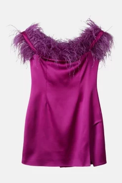 Discount 🎁 Karen Millen Italian Structured Satin Feather Bardot Mini 👗 Dress ✨ -PARTY DRESSES Sales Store bkk06461 magenta xl 3