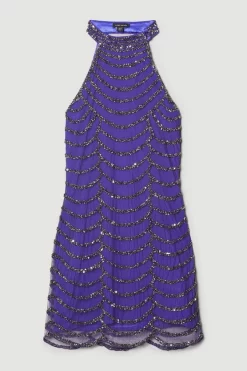 Promo 😍 Karen Millen Draped Beaded High Neck Mini 👗 Dress 🔔 -PARTY DRESSES Sales Store bkk06522 electric20blue xl 3