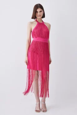 Promo 😍 Karen Millen Fringed Ponte Detail Halter Neck Mini 👗 Dress 🔔