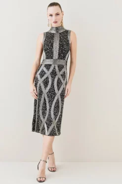 Deals 😍 Karen Millen Embellished Beaded High Neck Woven Midi 👗 Dress 👍