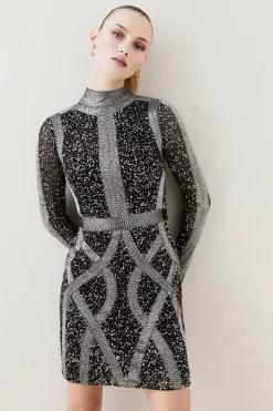 Wholesale 🌟 Karen Millen Embellished Beaded High Neck Woven Mini 👗 Dress ⌛