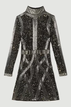 Wholesale 🌟 Karen Millen Embellished Beaded High Neck Woven Mini 👗 Dress ⌛ -PARTY DRESSES Sales Store bkk06741 multi xl 3