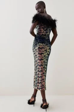 Buy ⭐ Karen Millen Tall Sequin Bardot Feather Trim Midaxi 👗 Dress 👍 -PARTY DRESSES Sales Store bkk06896 multi xl 2