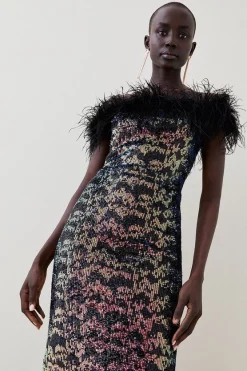Buy ⭐ Karen Millen Tall Sequin Bardot Feather Trim Midaxi 👗 Dress 👍 -PARTY DRESSES Sales Store bkk06896 multi xl 4