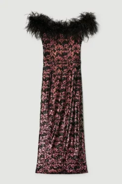 Buy ⭐ Karen Millen Tall Sequin Bardot Feather Trim Midaxi 👗 Dress 👍 -PARTY DRESSES Sales Store bkk06896 multi xl 6