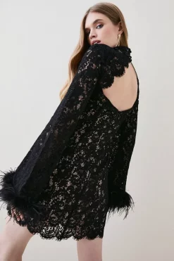 Best Sale ✨ Karen Millen Lace Feather Woven Mini 👗 Dress 😉 -PARTY DRESSES Sales Store bkk06995 black xl 1