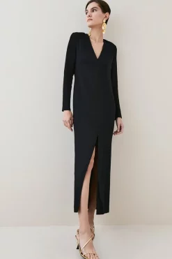 New 🥰 Karen Millen Compact Viscose Sleeved Split Front Maxi 👗 Dress ⌛