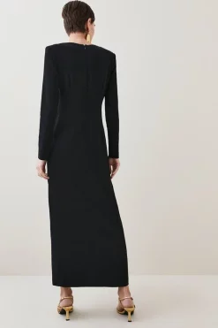 New 🥰 Karen Millen Compact Viscose Sleeved Split Front Maxi 👗 Dress ⌛ -PARTY DRESSES Sales Store bkk07072 black xl 2