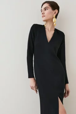 New 🥰 Karen Millen Compact Viscose Sleeved Split Front Maxi 👗 Dress ⌛ -PARTY DRESSES Sales Store bkk07072 black xl 4