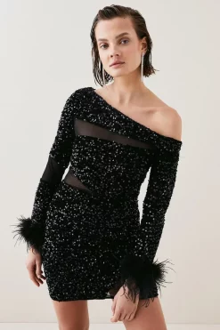 Best reviews of 🎉 Karen Millen Tall Sequin Velvet Mesh Detail Feather Cuff Jersey Mini Dres 💯