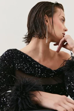 Best reviews of 🎉 Karen Millen Tall Sequin Velvet Mesh Detail Feather Cuff Jersey Mini Dres 💯 -PARTY DRESSES Sales Store bkk07303 black xl 2