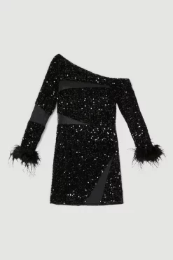 Best reviews of 🎉 Karen Millen Tall Sequin Velvet Mesh Detail Feather Cuff Jersey Mini Dres 💯 -PARTY DRESSES Sales Store bkk07303 black xl 3