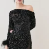 Hot Sale 🎉 Karen Millen Petite Sequin Velvet Mesh Detail Feather Cuff Jersey Mini 🛒 -PARTY DRESSES Sales Store bkk07305 black xl