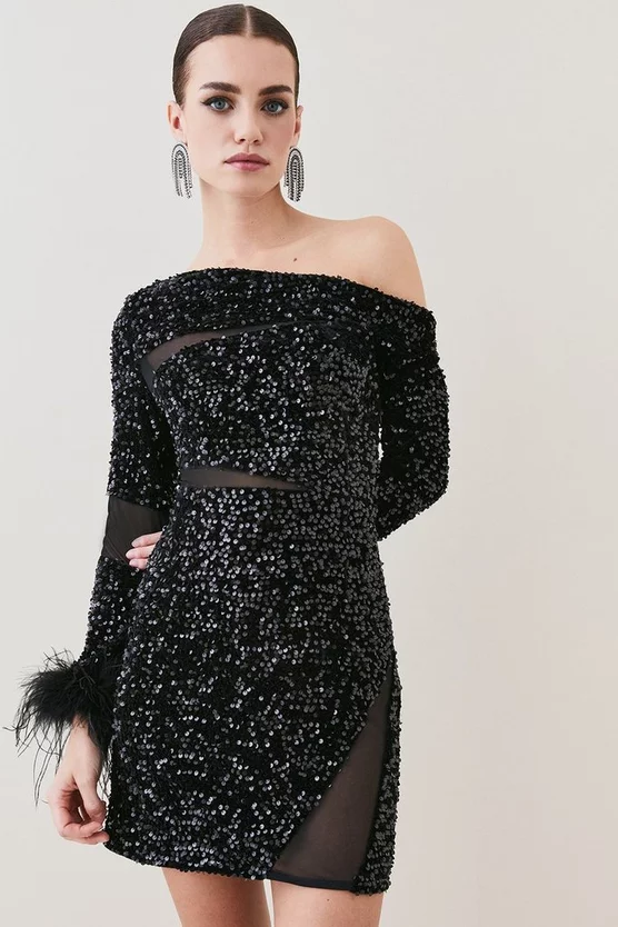 Hot Sale π Karen Millen Petite Sequin Velvet Mesh Detail Feather Cuff Jersey Mini π 3 Hot Sale π Karen Millen Petite Sequin Velvet Mesh Detail Feather Cuff Jersey Mini π