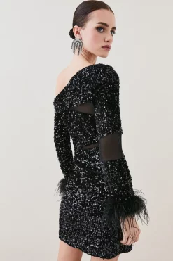Hot Sale π Karen Millen Petite Sequin Velvet Mesh Detail Feather Cuff Jersey Mini π 9 Hot Sale π Karen Millen Petite Sequin Velvet Mesh Detail Feather Cuff Jersey Mini π -PARTY DRESSES Sales Store bkk07305 black xl 2