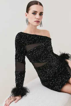 Hot Sale π Karen Millen Petite Sequin Velvet Mesh Detail Feather Cuff Jersey Mini π 10 Hot Sale π Karen Millen Petite Sequin Velvet Mesh Detail Feather Cuff Jersey Mini π -PARTY DRESSES Sales Store bkk07305 black xl 4