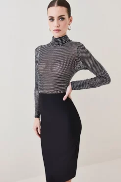 Best Pirce 🎁 Karen Millen Petite Hot Fix Diamante Power Mesh Jersey Midi 👗 Dress ✔️