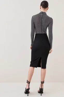 Best Pirce 🎁 Karen Millen Petite Hot Fix Diamante Power Mesh Jersey Midi 👗 Dress ✔️ -PARTY DRESSES Sales Store bkk07306 black xl 2