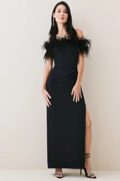 Brand new 🤩 Karen Millen Feather Bardot Stretch Crepe Maxi 👗 Dress 💯