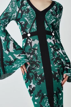Outlet 🧨 Karen Millen Tall Slinky Jacquard Full Sleeve Knitted Maxi 👗 Dress ✔️ -PARTY DRESSES Sales Store bkk07474 green xl 4
