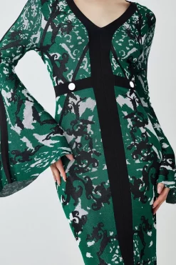 Best Sale 🔥 Karen Millen Slinky Jacquard Full Sleeve Knitted Maxi 👗 Dress ⭐ -PARTY DRESSES Sales Store bkk07477 green xl 4