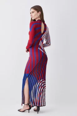 Best deal ⭐ Karen Millen Slinky Jacquard Abstract Knit Maxi Column 👗 Dress ⭐ -PARTY DRESSES Sales Store bkk07505 red xl 2