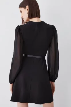 Brand new 👏 Karen Millen Georgette Sleeve Belted Ponte Skater 👗 Dress ⌛ -PARTY DRESSES Sales Store bkk07640 black xl 2