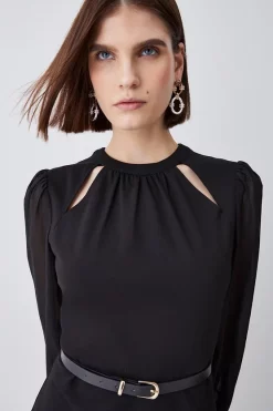 Brand new 👏 Karen Millen Georgette Sleeve Belted Ponte Skater 👗 Dress ⌛ -PARTY DRESSES Sales Store bkk07640 black xl 4