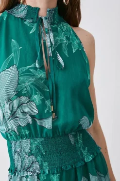 Best Pirce 🌟 Karen Millen Floral Bloom Shirred Halter Woven Mini 👗 Dress 😍 -PARTY DRESSES Sales Store bkk08313 green xl 2