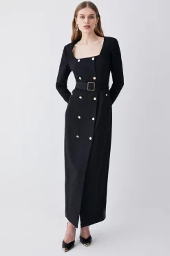 Best Pirce ⭐ Karen Millen Compact Viscose Tux Sleeved Belted Maxi 👗 Dress 👍