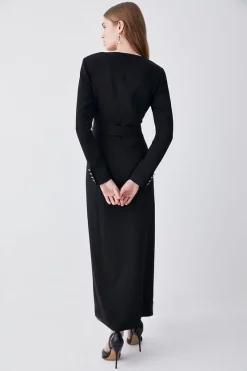 Best Pirce ⭐ Karen Millen Compact Viscose Tux Sleeved Belted Maxi 👗 Dress 👍 -PARTY DRESSES Sales Store bkk08810 black xl 2