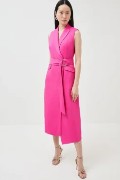 Deals 👍 Karen Millen Compact Stretch Viscose Sleeveless Tux Midi 👗 Dress ⌛ -PARTY DRESSES Sales Store womens black compact stretch viscose sleeveless tux midi dress 1