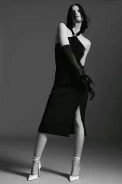 Wholesale 🔥 Karen Millen Compact Viscose Chain Knot Strap Column Midi 👗 Dress 🎁 -PARTY DRESSES Sales Store womens black compact viscose chain knot strap column midi dress