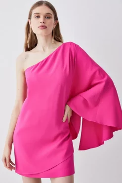 Best Sale 🔥 Karen Millen Compact Viscose One Shoulder Cape Mini 👗 Dress 🥰 -PARTY DRESSES Sales Store womens black compact viscose one shoulder cape mini dress 1 2
