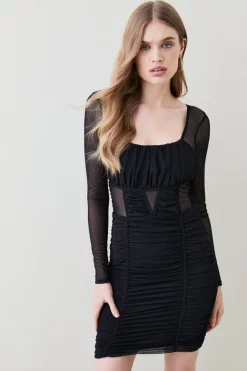 Flash Sale 🌟 Karen Millen Corset Detail Ruched Mesh Jersey Mini 👗 Dress 🥰 -PARTY DRESSES Sales Store womens black corset detail ruched mesh jersey mini dress