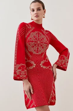 Buy 🤩 Karen Millen Embellished Hot Fix Swing Knit Mini 👗 Dress 🥰 -PARTY DRESSES Sales Store womens black embellished hot fix swing knit mini dress