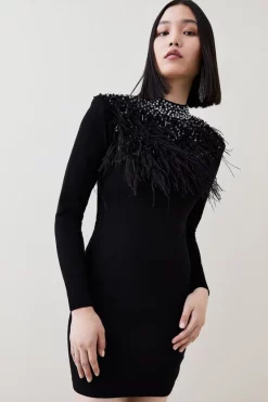 Top 10 👏 Karen Millen Feather Embellished Knit Mini 👗 Dress ❤️ -PARTY DRESSES Sales Store womens black feather embellished knit mini dress